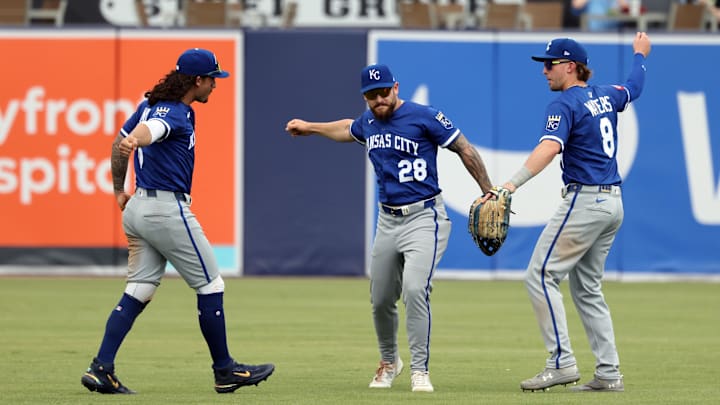 May 1, 2025; St. Petersburg, Florida, USA; Kansas City Royals left fielder Jonathan India (6), outfielder Kyle Isbel (28) and outfielder Drew Waters (8) celebrate after they beat the Tampa Bay Rays at George M. Steinbrenner Field. Mandatory Credit: Kim Klement Neitzel-Imagn Images May 1, 2025; St. Petersburg, Florida, USA; Kansas City Royals left fielder Jonathan India (6), outfielder Kyle Isbel (28) and outfielder Drew Waters (8) celebrate after they beat the Tampa Bay Rays at George M. Steinbrenner Field. Mandatory Credit: Kim Klement Neitzel-Imagn Images