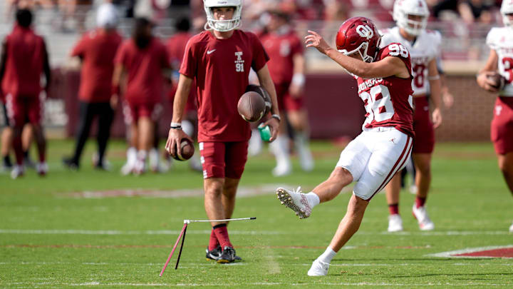 Oklahoma place kicker Tyler Keltner (98) warms up before an NCAA football game between Oklahoma (OU) and Temple at the Gaylord Family Oklahoma Memorial Stadium in Norman, Okla., on Friday, Aug. 30, 2024. Oklahoma place kicker Tyler Keltner (98) warms up before an NCAA football game between Oklahoma (OU) and Temple at the Gaylord Family Oklahoma Memorial Stadium in Norman, Okla., on Friday, Aug. 30, 2024.