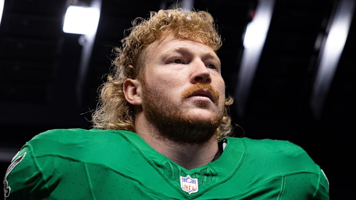 Dec 29, 2024; Philadelphia, Pennsylvania, USA; Philadelphia Eagles center Cam Jurgens (51) before action against the Dallas Cowboys at Lincoln Financial Field. Mandatory Credit: Bill Streicher-Imagn Images