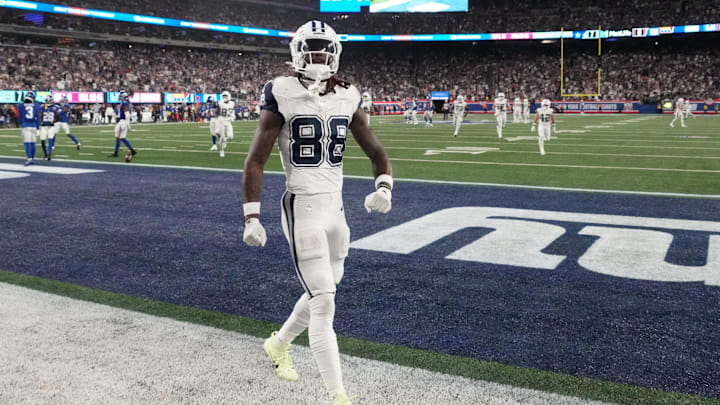 Sep 26, 2024; East Rutherford, New Jersey, USA; Dallas Cowboys wide receiver CeeDee Lamb celebrates after a touchdown against the Giants.
