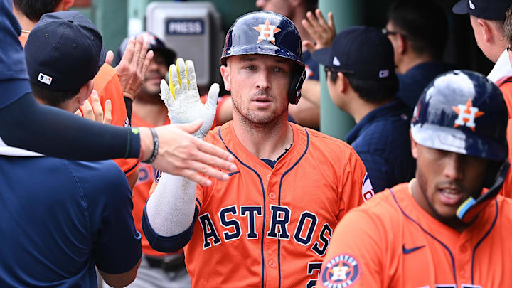 Aug 11, 2024; Boston, Massachusetts, USA; Houston Astros third baseman Alex Bregman (2) celebrates his three-run home run against the Boston Red Sox during the fifth inning at Fenway Park. Mandatory Credit: Eric Canha-Imagn Images Aug 11, 2024; Boston, Massachusetts, USA; Houston Astros third baseman Alex Bregman (2) celebrates his three-run home run against the Boston Red Sox during the fifth inning at Fenway Park. Mandatory Credit: Eric Canha-Imagn Images