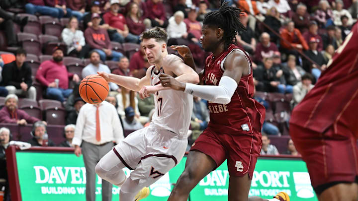 Mar 3, 2026; Blacksburg, Va.; Virginia Tech guard Neoklis Avdalas (17) drives to the basket as Boston College forward Jayden Hastings (22) defends.