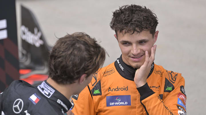 Jun 9, 2024; Montreal, Quebec, CAN; McLaren driver Lando Norris (GBR) (right) talks with Mercedes driver George Russell (GBR)  after the Canadian Grand Prix at Circuit Gilles Villeneuve. Mandatory Credit: Eric Bolte-USA TODAY Sports