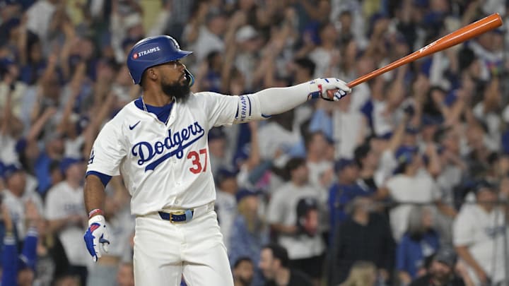 Oct 11, 2024; Los Angeles, California, USA; Los Angeles Dodgers outfielder Teoscar Hernandez (37) hits a solo home run in the seventh inning against the San Diego Padres during game five of the NLDS for the 2024 MLB Playoffs at Dodger Stadium. Oct 11, 2024; Los Angeles, California, USA; Los Angeles Dodgers outfielder Teoscar Hernandez (37) hits a solo home run in the seventh inning against the San Diego Padres during game five of the NLDS for the 2024 MLB Playoffs at Dodger Stadium.