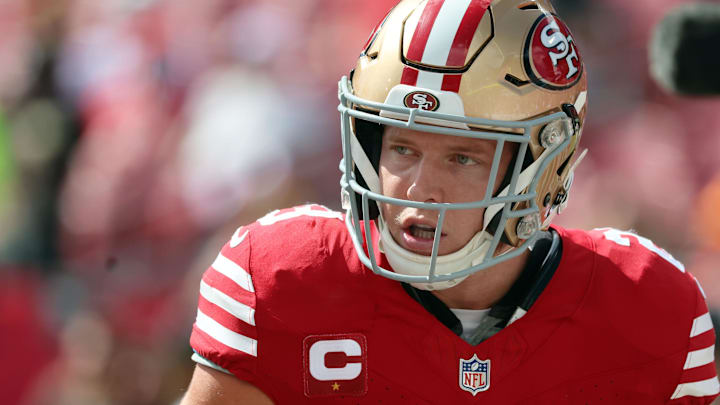 Nov 10, 2024; Tampa, Florida, USA; San Francisco 49ers running back Christian McCaffrey (23) against the Tampa Bay Buccaneers prior to the game at Raymond James Stadium. Mandatory Credit: Kim Klement Neitzel-Imagn Images