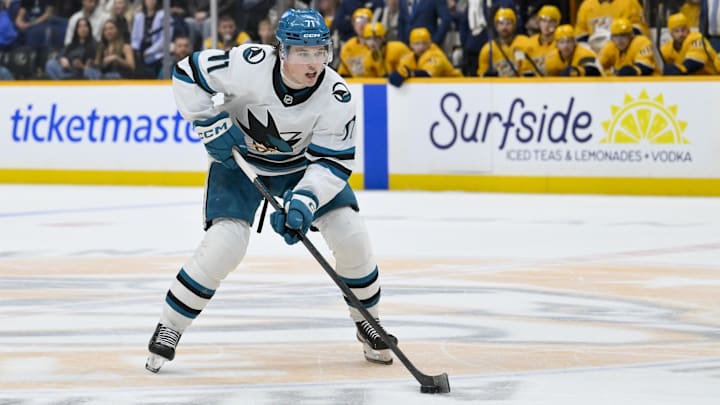 Mar 24, 2026; Nashville, Tennessee, USA; San Jose Sharks center Macklin Celebrini (71) skates with the puck against the Nashville Predators during the second period at Bridgestone Arena. Mandatory Credit: Steve Roberts-Imagn Images Mar 24, 2026; Nashville, Tennessee, USA; San Jose Sharks center Macklin Celebrini (71) skates with the puck against the Nashville Predators during the second period at Bridgestone Arena. Mandatory Credit: Steve Roberts-Imagn Images