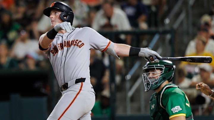 Jul 6, 2025; West Sacramento, California, USA; San Francisco Giants second baseman Tyler Fitzgerald (49) hits a one run home run during the eighth inning against the Athletics at Sutter Health Park. Mandatory Credit: Sergio Estrada-Imagn Images Jul 6, 2025; West Sacramento, California, USA; San Francisco Giants second baseman Tyler Fitzgerald (49) hits a one run home run during the eighth inning against the Athletics at Sutter Health Park. Mandatory Credit: Sergio Estrada-Imagn Images