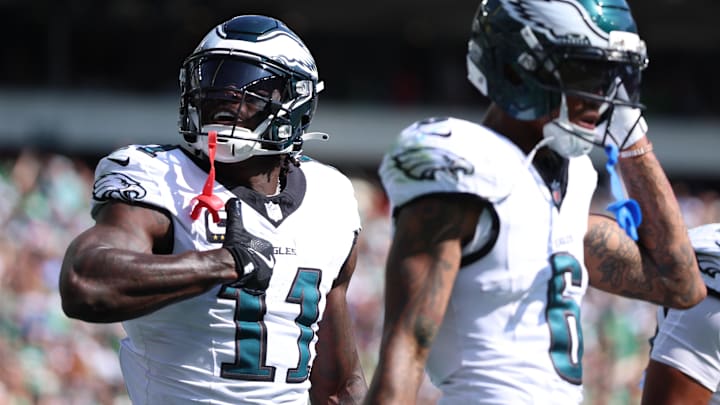 Philadelphia Eagles wide receiver AJ. Brown (11) reacts after scoring a touchdown against the Los Angeles Rams during the first half at Lincoln Financial Field.