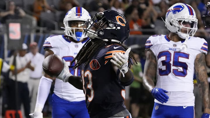 Aug 17, 2025; Chicago, Illinois, USA; Chicago Bears running back Ian Wheeler (33) scores a touchdown  against the Buffalo Bills during the second half at Soldier Field. Mandatory Credit: David Banks-Imagn Images