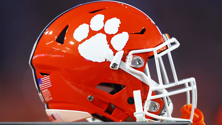 Detailed view of a Clemson Tigers helmet Detailed view of a Clemson Tigers helmet