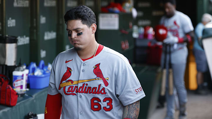 Sep 28, 2025; Chicago, Illinois, USA; St. Louis Cardinals first baseman Yohel Pozo (63) leaves the dugout after a baseball game against the Chicago Cubs at Wrigley Field. Mandatory Credit: Kamil Krzaczynski-Imagn Images