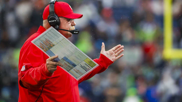 Aug 15, 2025; Seattle, Washington, USA; Kansas City Chiefs head coach Andy Reid reacts to a fourth-down stop by the Seattle Seahawks during the first quarter at Lumen Field.