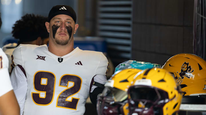 Nov 30, 2024; Tucson, Arizona, USA; Arizona State Sun Devils defensive lineman Zac Swanson (92) against the Arizona Wildcats during the Territorial Cup at Arizona Stadium. Mandatory Credit: Mark J. Rebilas-Imagn Images