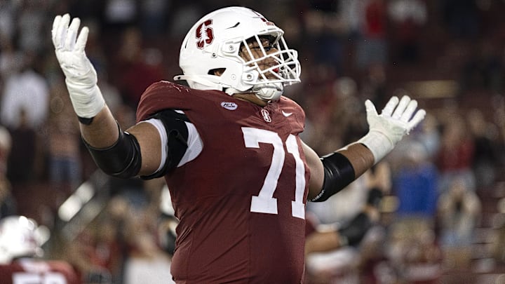 Sep 27, 2025; Stanford, California, USA; Stanford Cardinal offensive lineman Emeka Ugorji (71) reacts after his teammate scored a touchdown to take the lead during the fourth quarter against the San Jose State Spartans at Stanford Stadium. Mandatory Credit: Stan Szeto-Imagn Images Sep 27, 2025; Stanford, California, USA; Stanford Cardinal offensive lineman Emeka Ugorji (71) reacts after his teammate scored a touchdown to take the lead during the fourth quarter against the San Jose State Spartans at Stanford Stadium. Mandatory Credit: Stan Szeto-Imagn Images