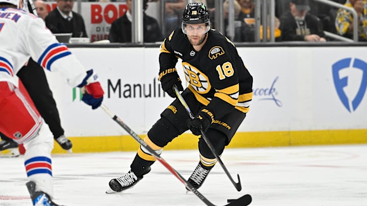 Oct 4, 2025; Boston, Massachusetts, USA; Boston Bruins center Pavel Zacha (18) works the puck through the neutral zone during the third period period at TD Garden. Mandatory Credit: Eric Canha-Imagn Images Oct 4, 2025; Boston, Massachusetts, USA; Boston Bruins center Pavel Zacha (18) works the puck through the neutral zone during the third period period at TD Garden. Mandatory Credit: Eric Canha-Imagn Images