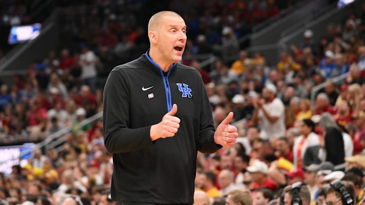 Mar 22, 2026; St. Louis, MO, USA; Kentucky Wildcats head coach Mark Pope reacts to a play during the first half against the Iowa State Cyclones during a second round game of the men's 2026 NCAA Tournament at Enterprise Center. Mandatory Credit: Jeff Curry-Imagn Images