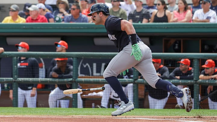 Mar 13, 2025; Lakeland, Florida, USA; New York Yankees catcher Austin Wells (28) runs to first during the first inning against the Detroit Tigers at Publix Field at Joker Marchant Stadium. Mar 13, 2025; Lakeland, Florida, USA; New York Yankees catcher Austin Wells (28) runs to first during the first inning against the Detroit Tigers at Publix Field at Joker Marchant Stadium.