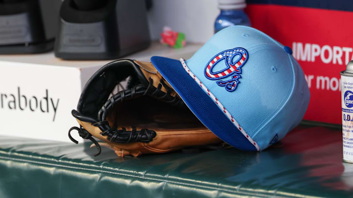 Jul 4, 2025; Atlanta, Georgia, USA; A detailed view of the Baltimore Orioles 4th of July hat in the dugout against the Atlanta Braves in the third inning at Truist Park. Mandatory Credit: Brett Davis-Imagn Images Jul 4, 2025; Atlanta, Georgia, USA; A detailed view of the Baltimore Orioles 4th of July hat in the dugout against the Atlanta Braves in the third inning at Truist Park. Mandatory Credit: Brett Davis-Imagn Images