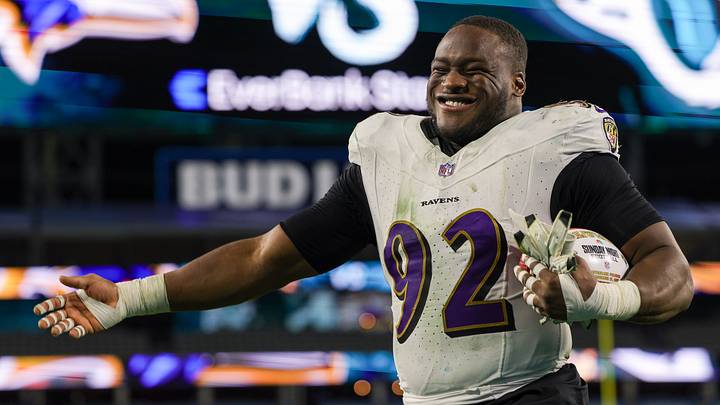 Dec 17, 2023; Jacksonville, Florida, USA;  Baltimore Ravens defensive tackle Nnamdi Madubuike (92) celebrates after beating the Jacksonville Jaguars at EverBank Stadium. Mandatory Credit: Nathan Ray Seebeck-USA TODAY Sports