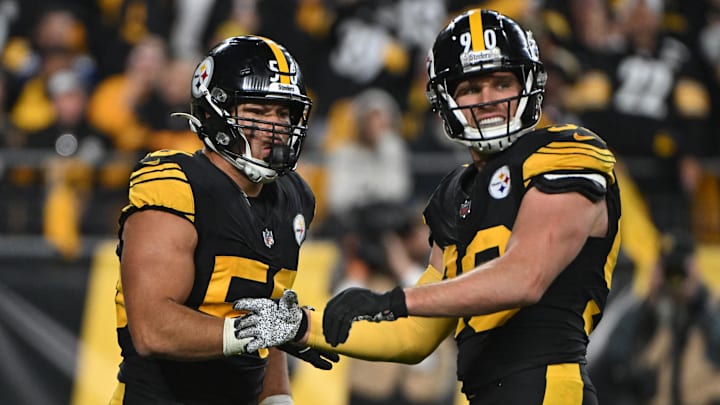 Oct 28, 2024; Pittsburgh, Pennsylvania, USA; Pittsburgh Steelers linebacker Alex Highsmith (56) celebrates with  T.J. Watt (90) after sacking New York Giants quarterback Daniel Jones (8) during the third quarter at Acrisure Stadium. Mandatory Credit: Barry Reeger-Imagn Images