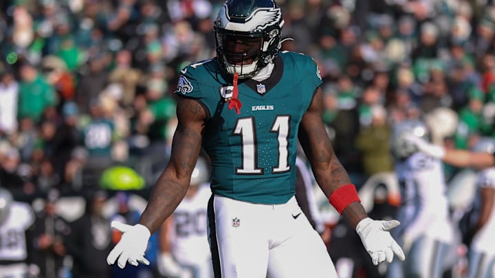 Dec 14, 2025; Philadelphia, Pennsylvania, USA; Philadelphia Eagles wide receiver A.J. Brown (11) reacts after an unsuccessful play against the Las Vegas Raiders during the second quarter at Lincoln Financial Field.