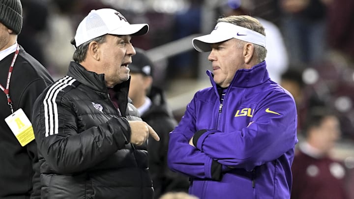 Nov 26, 2022; College Station, Texas, USA; LSU Tigers head coach Brian Kelly and Texas A&M Aggies head coach Jimbo Fisher talk prior to a game at Kyle Field. Mandatory Credit: Maria Lysaker-Imagn Images Nov 26, 2022; College Station, Texas, USA; LSU Tigers head coach Brian Kelly and Texas A&M Aggies head coach Jimbo Fisher talk prior to a game at Kyle Field. Mandatory Credit: Maria Lysaker-Imagn Images