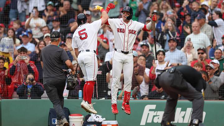 Sep 13, 2026; Boston, Massachusetts, USA; Boston Red Sox third baseman Caleb Durbin (5) celebrates with second baseman Nick Sogard (20) after hitting a solo home run during the second inning against the Kansas City Royals at Fenway Park. Mandatory Credit: Paul Rutherford-Imagn Images Sep 13, 2026; Boston, Massachusetts, USA; Boston Red Sox third baseman Caleb Durbin (5) celebrates with second baseman Nick Sogard (20) after hitting a solo home run during the second inning against the Kansas City Royals at Fenway Park. Mandatory Credit: Paul Rutherford-Imagn Images