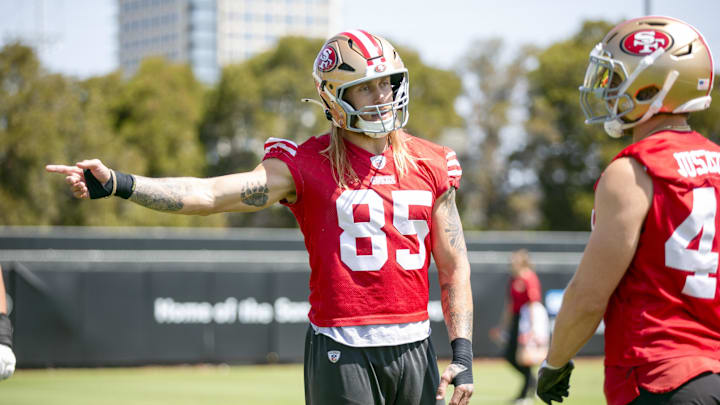 Jun 11, 2025; Santa Clara, CA, USA; San Francisco 49ers tight end George Kittle (85) jokes with fullback Kyle Juszczyk (44) during a team OTA at Levi's Stadium. Mandatory Credit: D. Ross Cameron-Imagn Images