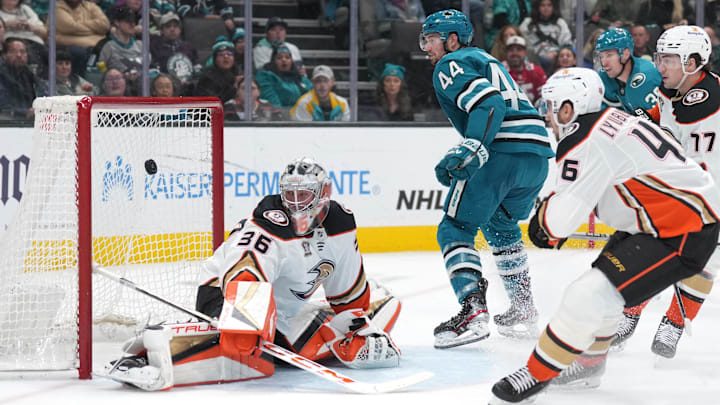 Jan 20, 2024; San Jose, California, USA; San Jose Sharks defenseman Marc-Edouard Vlasic (44) scores