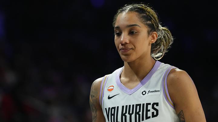 Oct 9, 2026; Las Vegas, Nevada, USA;  Golden State Valkyries forward Gabby Williams (1) reacts in the second half during game three of the second round for the 2026 WNBA Playoffsa against the Las Vegas Aces  at Michelob Ultra Arena.  Mandatory Credit: Candice Ward-Imagn Images