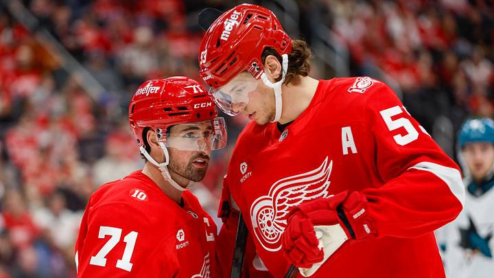 Jan 16, 2026; Detroit, Michigan, USADetroit Red Wings center Dylan Larkin (71) talks with defenseman Moritz Seider (53) during the first period against the San Jose Sharks  at Little Caesars Arena. Mandatory Credit: Brian Bradshaw Sevald-Imagn Images