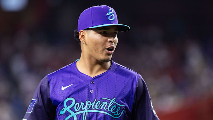 May 9, 2025; Phoenix, Arizona, USA; Arizona Diamondbacks pitcher Cristian Mena against the Los Angeles Dodgers at Chase Field. Mandatory Credit: Mark J. Rebilas-Imagn Images