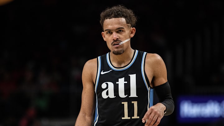 Nov 11, 2023; Atlanta, Georgia, USA; Atlanta Hawks guard Trae Young (11) looks on against Miami Heat