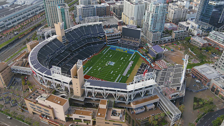 Dec 28, 2021; San Diego, CA, USA; A general overall aerial view of the football field at Petco Park prior to the Holiday Bowl between the NC State Wolfpack and the UCLA Bruins. The game was cancelled because of  COVID-19 protocols within the UCLA program. 