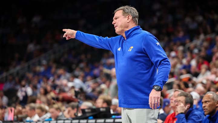 Mar 13, 2025; Kansas City, MO, USA; Kansas Jayhawks coach Bill Self reacts to game play during the second half against the Arizona Wildcats at T-Mobile Center. Mandatory Credit: William Purnell-Imagn Images