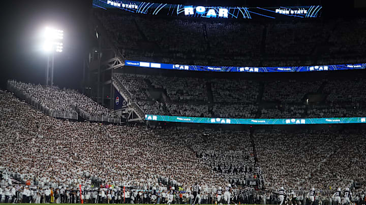 Penn State Nittany Lions fans are seen during the first half of a White Out game against the Oregon Ducks at Beaver Stadium. 