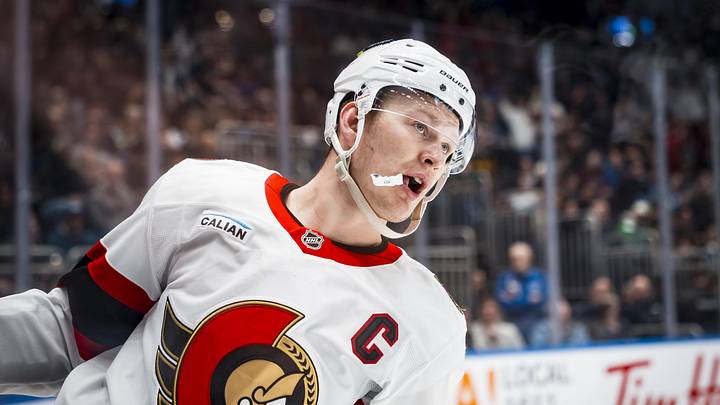 Mar 9, 2026; Vancouver, British Columbia, CAN; Ottawa Senators forward Brady Tkachuk (7) celebrates his goal against the Vancouver Canucks in the third period at Rogers Arena. Mar 9, 2026; Vancouver, British Columbia, CAN; Ottawa Senators forward Brady Tkachuk (7) celebrates his goal against the Vancouver Canucks in the third period at Rogers Arena.