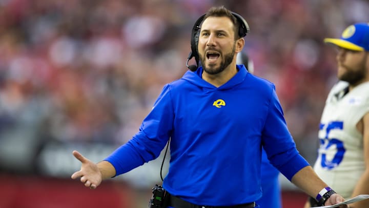 Nov 26, 2023; Glendale, Arizona, USA; Los Angeles Rams tight ends coach Nick Caley against the Arizona Cardinals at State Farm Stadium. Mandatory Credit: Mark J. Rebilas-USA TODAY Sports