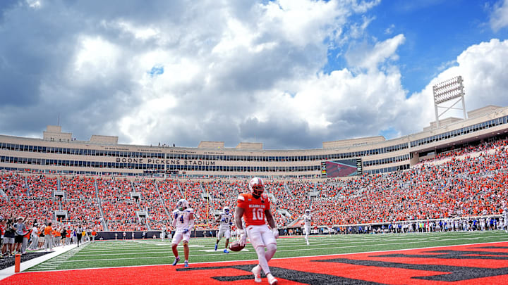 Oklahoma State's Rashod Owens (10) celebrates a touchdown in the second half of the college football game between the Oklahoma State Cowboys and South Dakota State Jackrabbits at Boone Pickens Stadium in Stillwater, Okla., Saturday, Aug., 31, 2024.