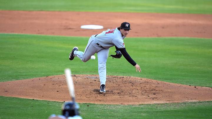 Fayetteville pitcher Jagger Beck (44) pitches during opening day of the Augusta GreenJackets at SRP Park in North Augusta, S.C., on Tuesday, April 14, 2026. The GreenJackets beat Fayetteville 4-2. Mandatory Credit: Katie Goodale - Augusta Chronicle/USA TODAY NETWORK