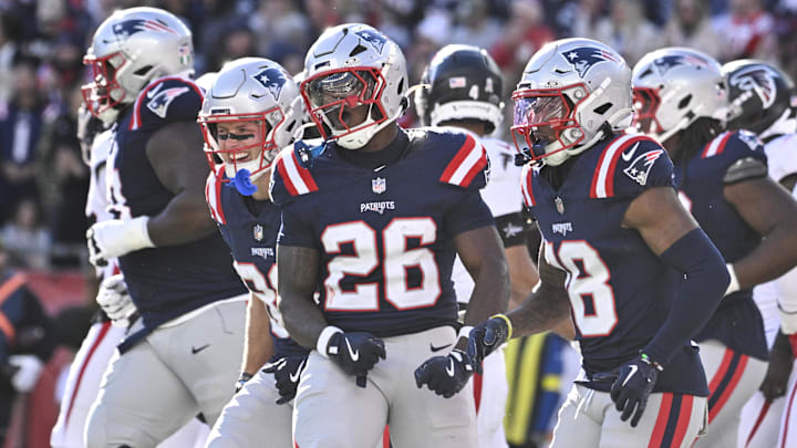 Nov 2, 2025; Foxborough, Massachusetts, USA; New England Patriots running back Terrell Jennings (26) celebrates his touchdown against the Atlanta Falcons during the first half at Gillette Stadium. Mandatory Credit: Eric Canha-Imagn Images