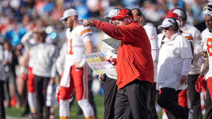 Nov 24, 2024; Charlotte, North Carolina, USA;  Kansas City Chiefs head coach Andy Reid yells out to his offense during the second quarter against the Carolina Panthers at Bank of America Stadium. Mandatory Credit: Jim Dedmon-Imagn Images