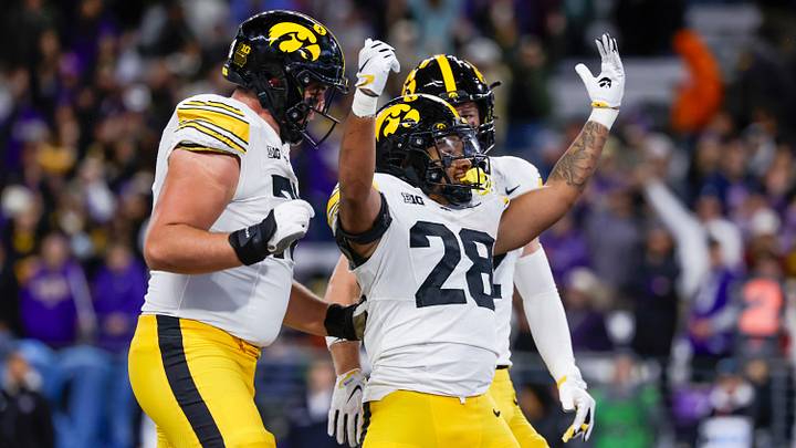 Oct 9, 2026; Seattle, Washington, USA; Iowa Hawkeyes running back Kamari Moulton (28) celebrates after rushing for a touchdown against the Washington Huskies during the fourth quarter at Husky Stadium. Mandatory Credit: Joe Nicholson-Imagn Images