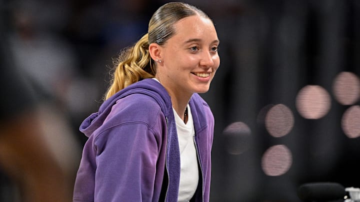 Oct 6, 2025; Fort Worth, Texas, USA; Dallas Wings guard Paige Bueckers looks on during the second quarter between the Dallas Mavericks and the Oklahoma City Thunder at Dickie's Arena.