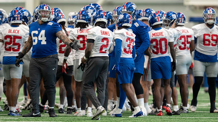 New York Giants players huddle up during Mandatory Minicamp at Quest Diagnostics Giants Training Center in East Rutherford on Tuesday, June 17, 2025.