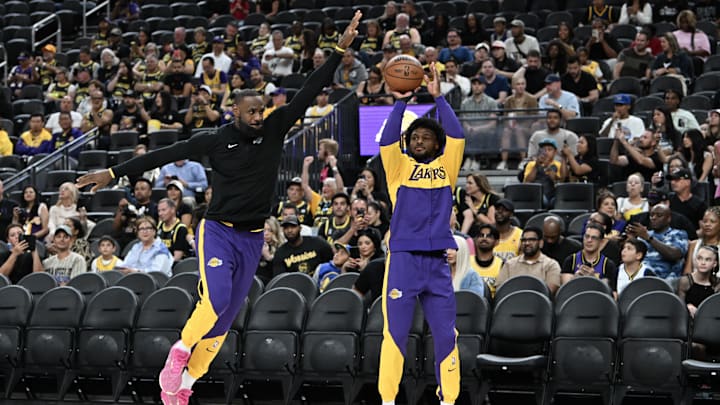 LeBron James and Bronny James during pregame warmups before the Lakers faced the Warriors. 