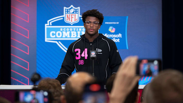 Feb 26, 2026; Indianapolis, IN, USA; Ohio State defensive back Caleb Downs (DB34) speaks to members of the media during the NFL Combine at the Indiana Convention Center. Mandatory Credit: Jacob Musselman-Imagn Images Feb 26, 2026; Indianapolis, IN, USA; Ohio State defensive back Caleb Downs (DB34) speaks to members of the media during the NFL Combine at the Indiana Convention Center. Mandatory Credit: Jacob Musselman-Imagn Images