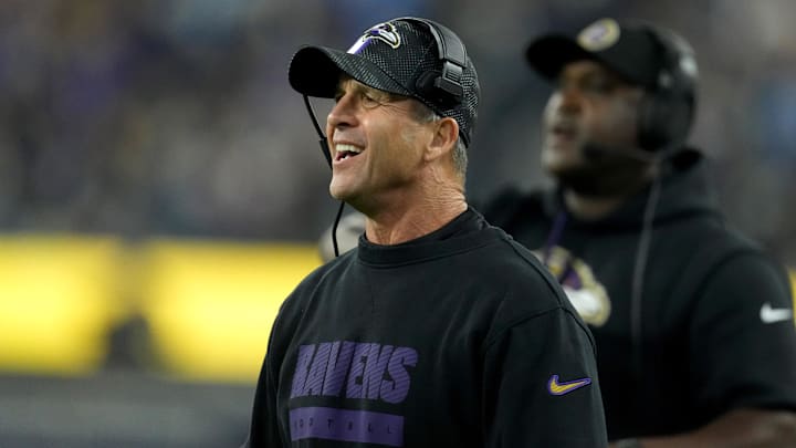 Nov 25, 2024; Inglewood, California, USA; Baltimore Ravens coach John Harbaugh reacts against the Los Angeles Chargers in the second half at SoFi Stadium. Mandatory Credit: Kirby Lee-Imagn Images