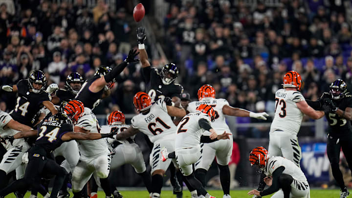 Cincinnati Bengals place kicker Evan McPherson (2) kicks a field goal attempt that fits no-good in