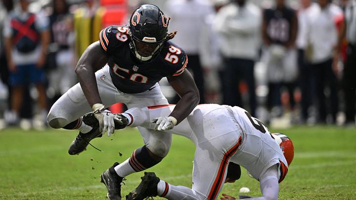 Aug 15, 2026; Chicago, Illinois, USA; Chicago Bears defensive end Jamree Kromah (59) sacks Cleveland Browns quarterback Dillon Gabriel (6) during the second half at Soldier Field. Mandatory Credit: Patrick Gorski-Imagn Images